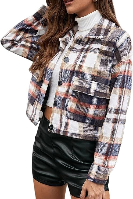 Yeokou Women's Fashion Cropped Flannel Wool Blend Plaid Shacket Long Sleeve Button Down Jackets C... | Amazon (US)