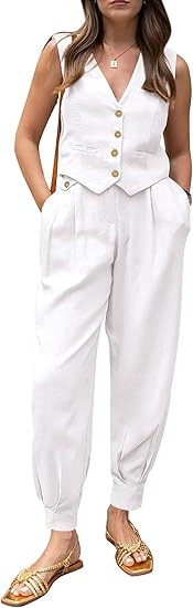 PRETTYGARDEN Women's Summer Two Piece Outfits V Neck Button Front Cropped Tank Tops Vest Pockets ... | Amazon (US)