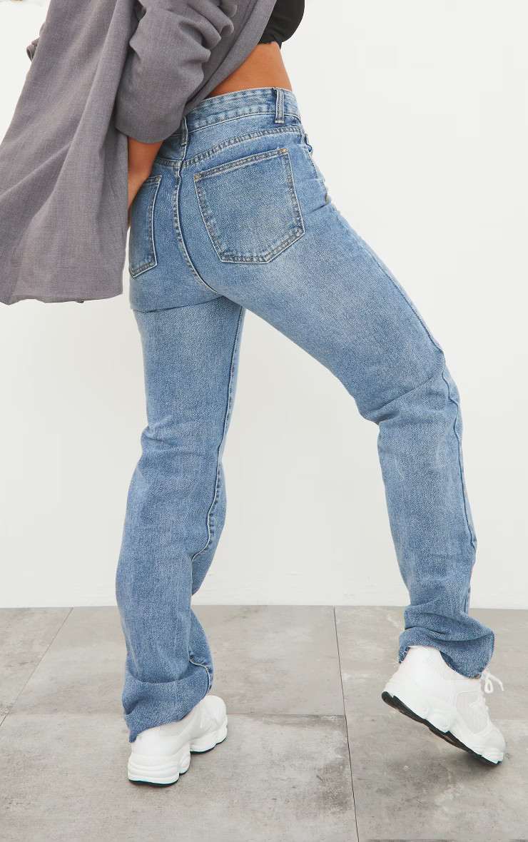 Mid Blue Wash Long Straight Leg Raw Hem Jeans | PrettyLittleThing US
