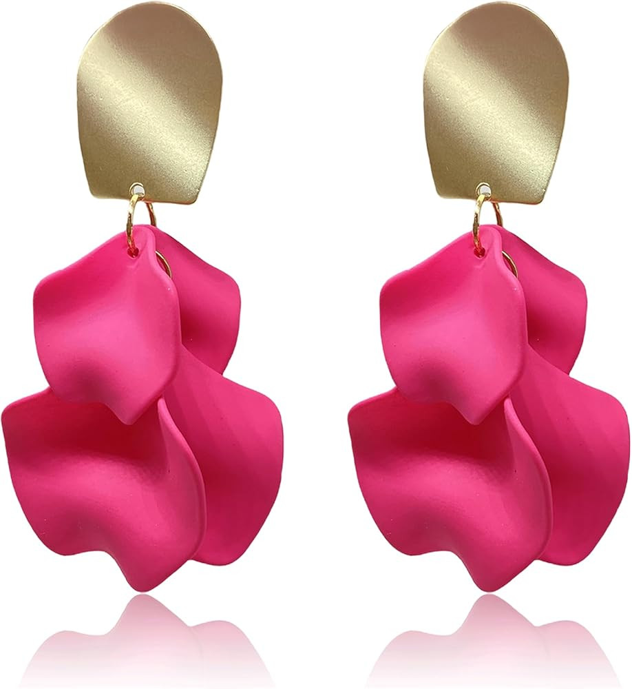 Red Rose Petal Dangle Earrings for Women Acrylic Tiered Matte Flower Earrings Large Floral Statem... | Amazon (US)