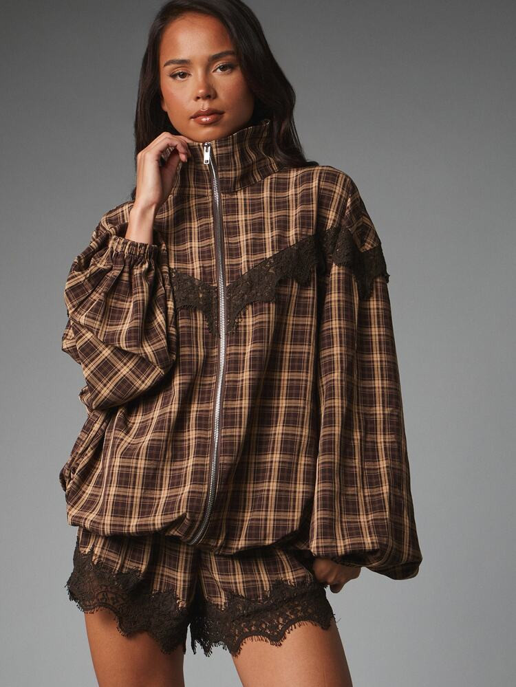 MISSGUIDED Plaid Co-Ord Set Oversized Full-Zip Jacket With Puff Sleeves And Lace Trim Shorts Two Pieces Autumn Winter Outfit | SHEIN