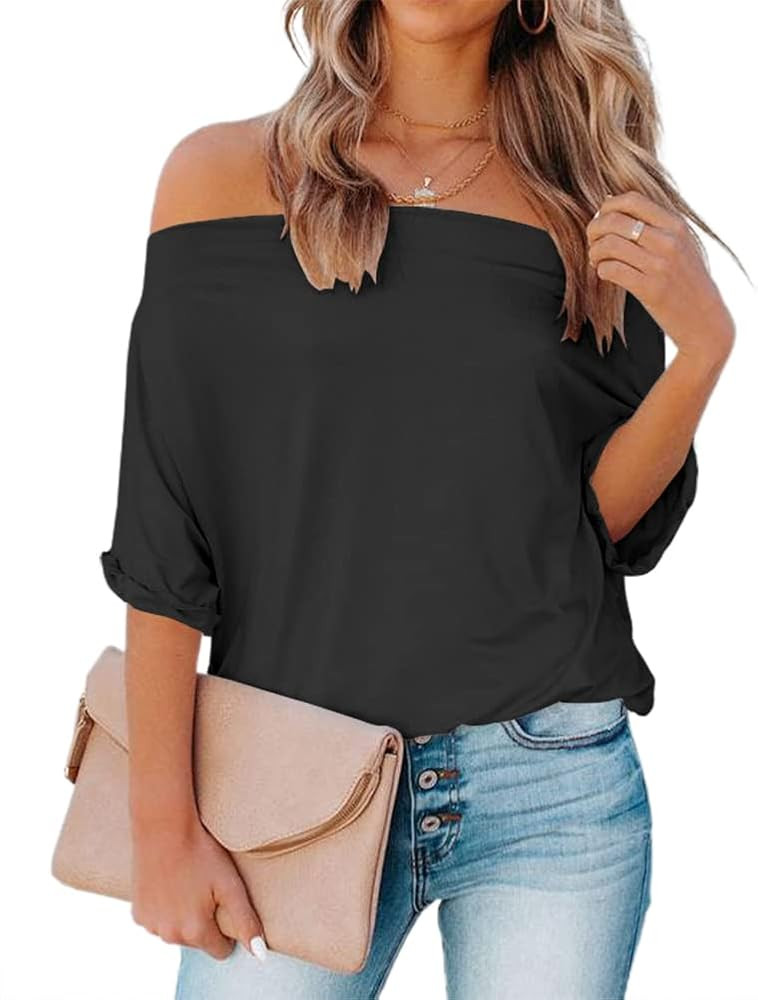 REVETRO Women's Off Shoulder Tops Casual Short Batwing Sleeve Summer Loose T Shirt Tunic Blouse | Amazon (US)