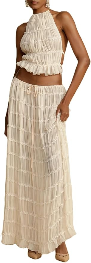 Sastianaen Women 2 Piece Maxi Skirt Set Y2k Lace Up Back Tank Top Flowy Ruffle Long Skirt Outfits... | Amazon (US)