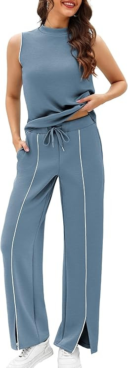 Casly Lamiit Women's 2 Piece Outfits Summer Casual Mock Neck Sleeveless Top Wide Leg Pant Sets Fr... | Amazon (US)