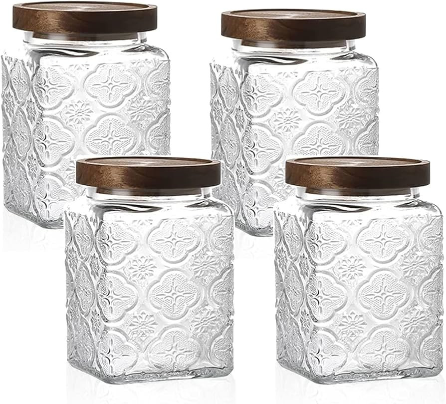 Vintage Glass Airtight Storage Jar Set of 4, With Airtight Wood Lid, Kitchen Food Storage Contain... | Amazon (US)