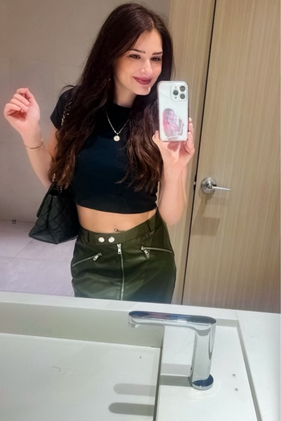 Crop top tshirt leather zipper skirt