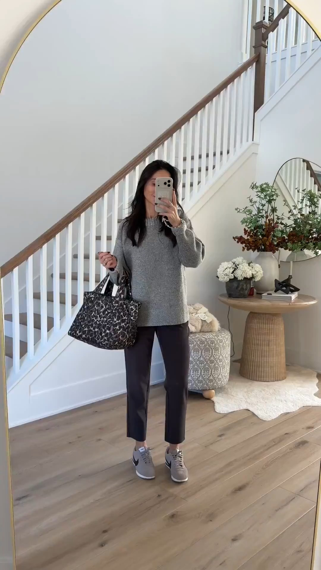 Cozy Athleisure outfit - these pants are so comfortable, it’s like wearing sweatpants . Size up in sneakers 

winter fashion, winter outfit, everyday outfit, gray sweater, leopard print bag, annabrstyle.

#LTKOver40 #LTKFindsUnder100