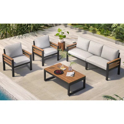 Stylish 4-piece Outdoor Furniture Sofa Set With Removable Cushions And Solid Wood Coffee Table For Garden And Backyard, Beige | Wayfair North America