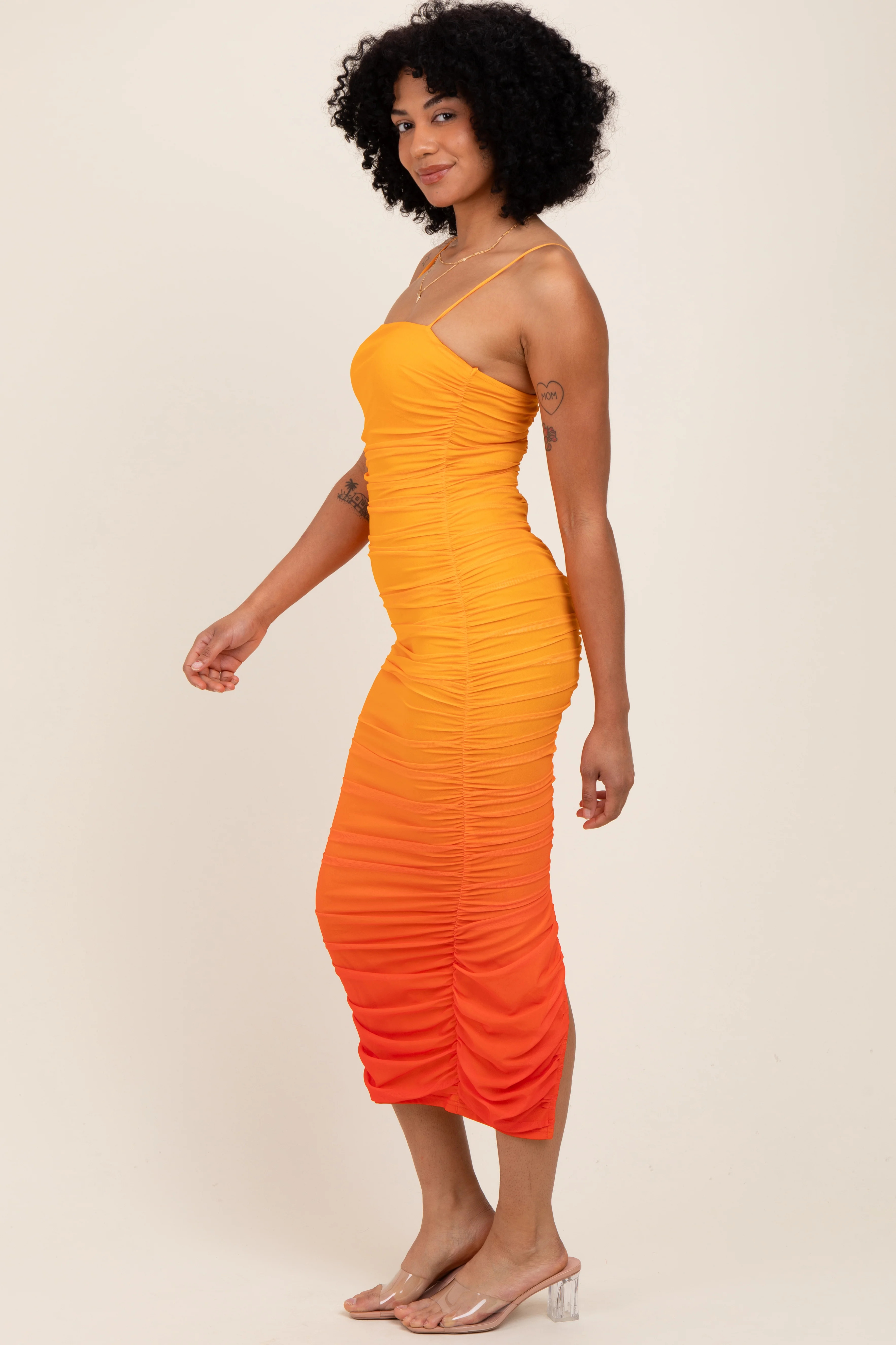 Orange Mesh Ombre Ruched Midi Dress | PinkBlush Maternity