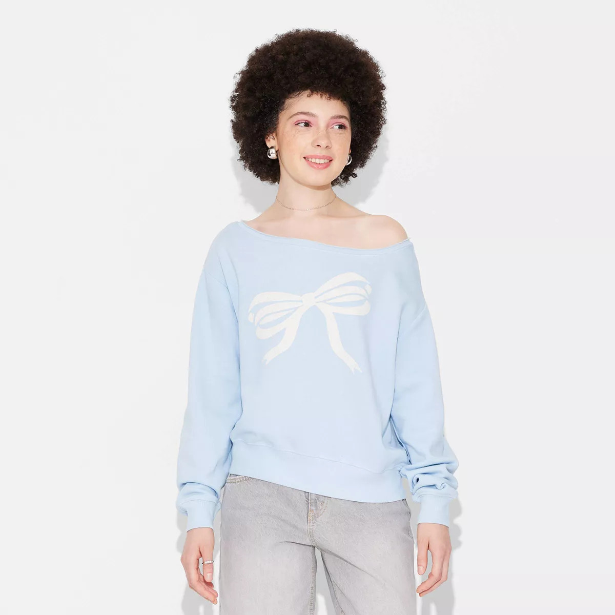 Women's Off the Shoulder Bow Graphic Sweatshirt - Light Blue XXS | Target