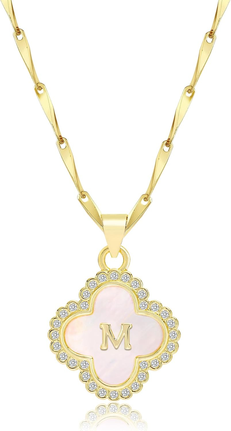LETFLY 14K Gold Plated Four-Leaf Clover Initial Necklace for Women | Amazon (US)