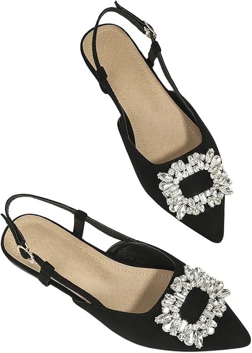 OYOANGLE Women's Rhinestone Decor Pointed Toe Slingback Flats Faux Suede Dress Sandals | Amazon (US)