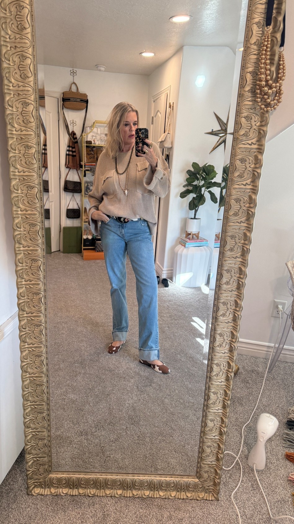 Outfit of the day inspo

A little touch of western/ cow print,
Chocolate brown , suede, straight leg jeans, pendant long necklaces, fall sweaters 

Cow print ballet flats -Chicos 

Suede cropped baseball jacket 
Amazon find tts 

Over sized knit sweater with sleeve details and front pocket details tts Amazon find

Abercrombie finch straight leg jeans with cuff (I sized up one) jeans are long enough for long legs 

Vintage cow hide belt with floral buckle (linked some options that give the vibe) 

Gold hoop earrings 

Cow head horns necklace on beads and a bronze chain link necklace ( linked similar for the vibe 


#LTKStyleTip #LTKFindsUnder50 #LTKTall