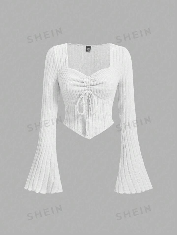 SHEIN MOD Women's Drawstring Sweetheart Neck With Flare Sleeve T-Shirt | SHEIN