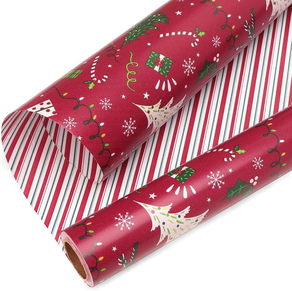 Ribbli Christmas Wrapping Paper Reversible Christmas Tree and Red Green Stripe Gift Wrapping Pape... | Amazon (US)