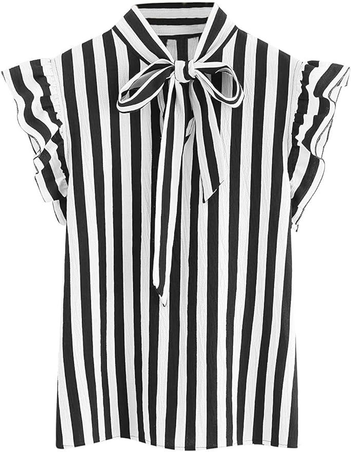 Floerns Women's Sleeveless Bow Tie Striped Summer Chiffon Blouse Top | Amazon (US)