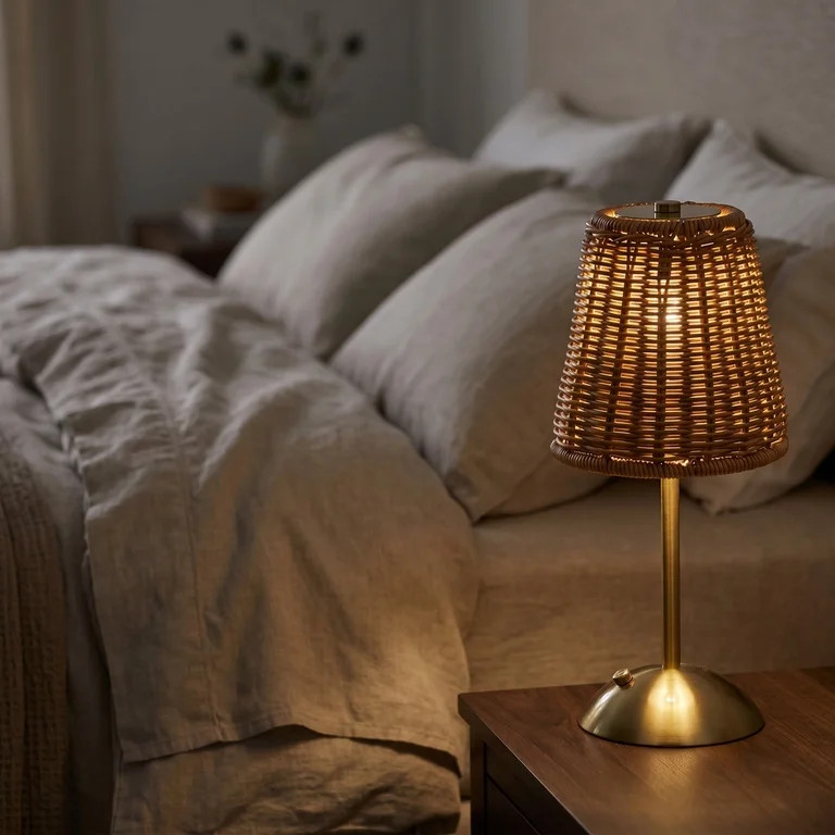 Boho Rattan Table Lamp, Rechargeable LED Desk Lamp, Small Wicker Lamp with 3 Color Dimmable & Tou... | Walmart (US)