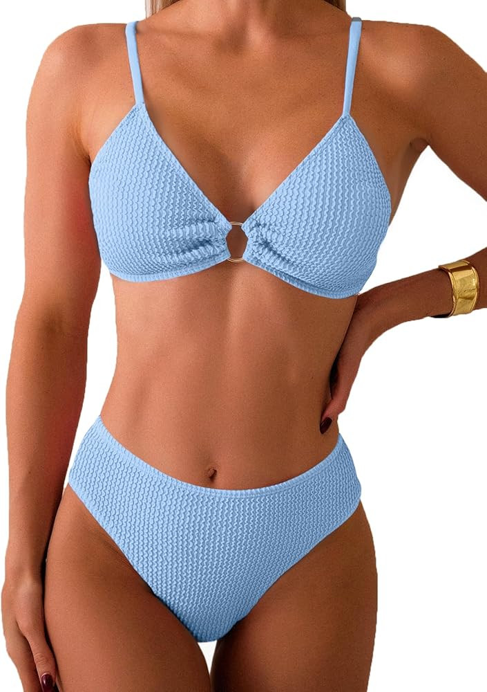 Fanuerg Women's Ribbed Triangle Bikini Sets O Ring Linked Two Piece Swimsuit Textured Cheeky Swim... | Amazon (US)