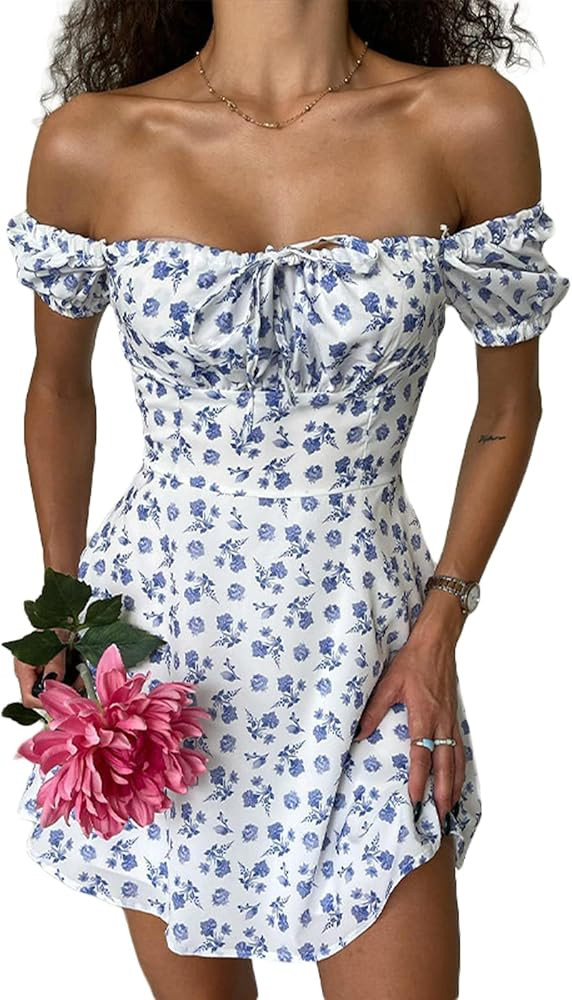 Women Floral Puff Short Sleeve Mini Dress Boho Square Neck Tie Front Backless Ruffle Ruched A-lin... | Amazon (US)