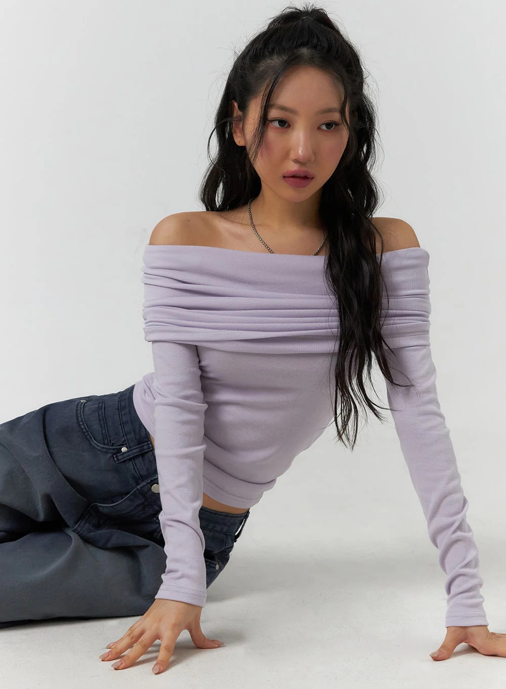 Off Shoulder Ruched Long Sleeve CF401Purple / S/M | Lewkin