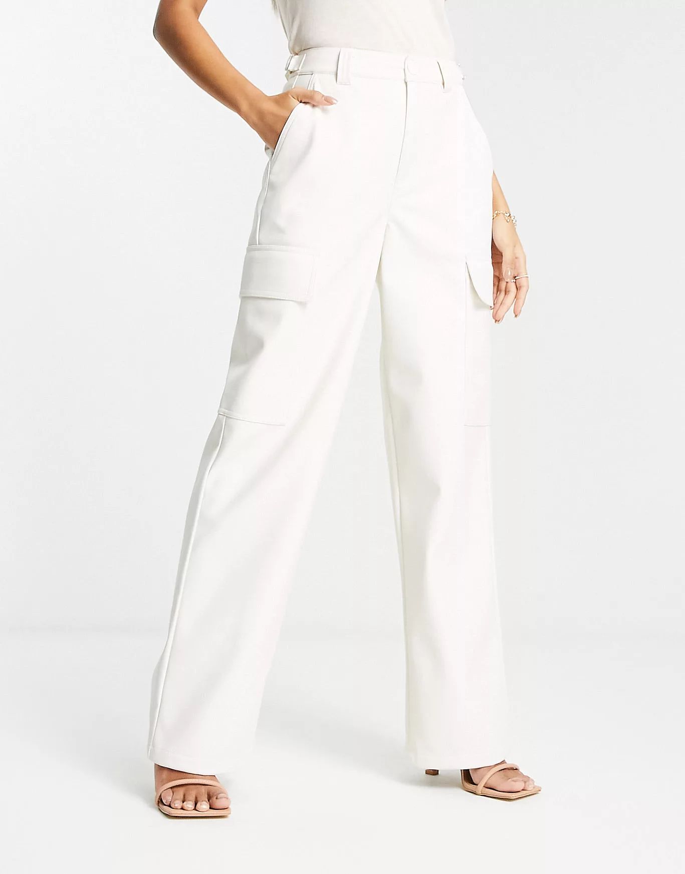 ASOS DESIGN faux leather cargo trousers in white | ASOS (Global)