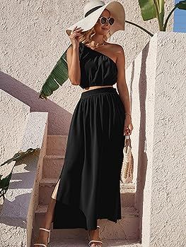 AOVDE Women's Two Piece Outfits Summer Dresses Boho One Shoulder Tube Tops Elastic Waist A Line Maxi | Amazon (US)