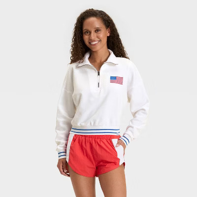 Women's 4th of July Flocked Flag French Terry 1/2 Zip Sweatshirt - JoyLab™ White S | Target