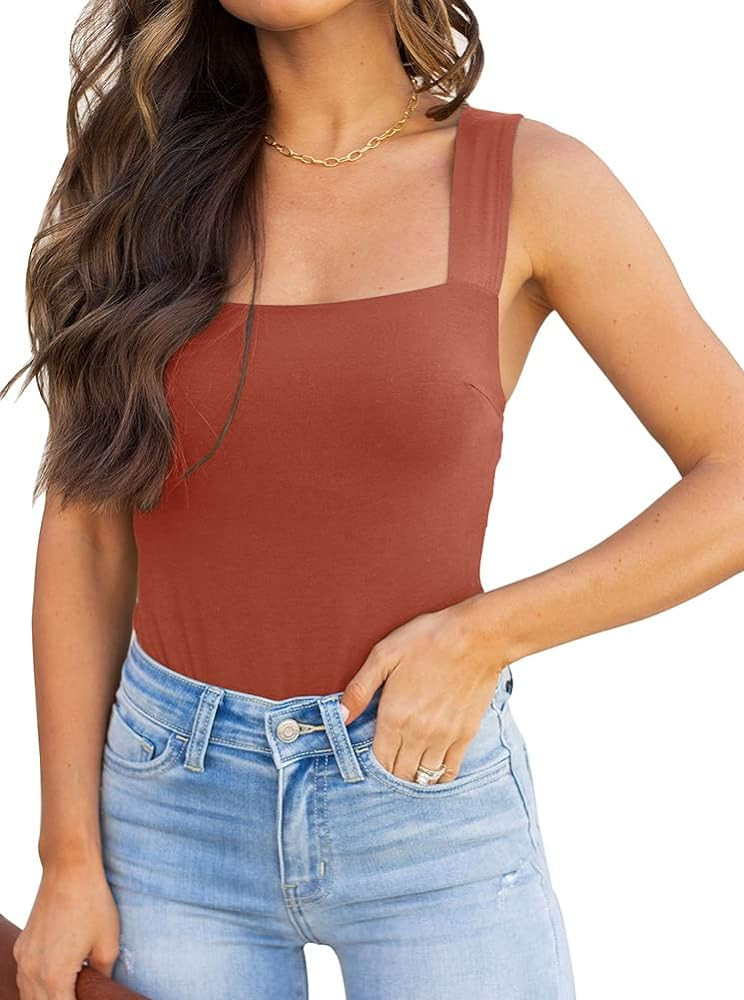 REORIA Womens Sexy Square Neck Sleeveless Tank Tops Bodysuits Clubwear | Amazon (US)