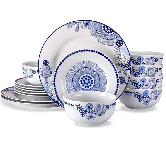 18-Piece Dinnerware Set, Doublewhale Dinner Plates, Bowls, Dishes Sets, Service for 6 - Blue | Amazon (US)