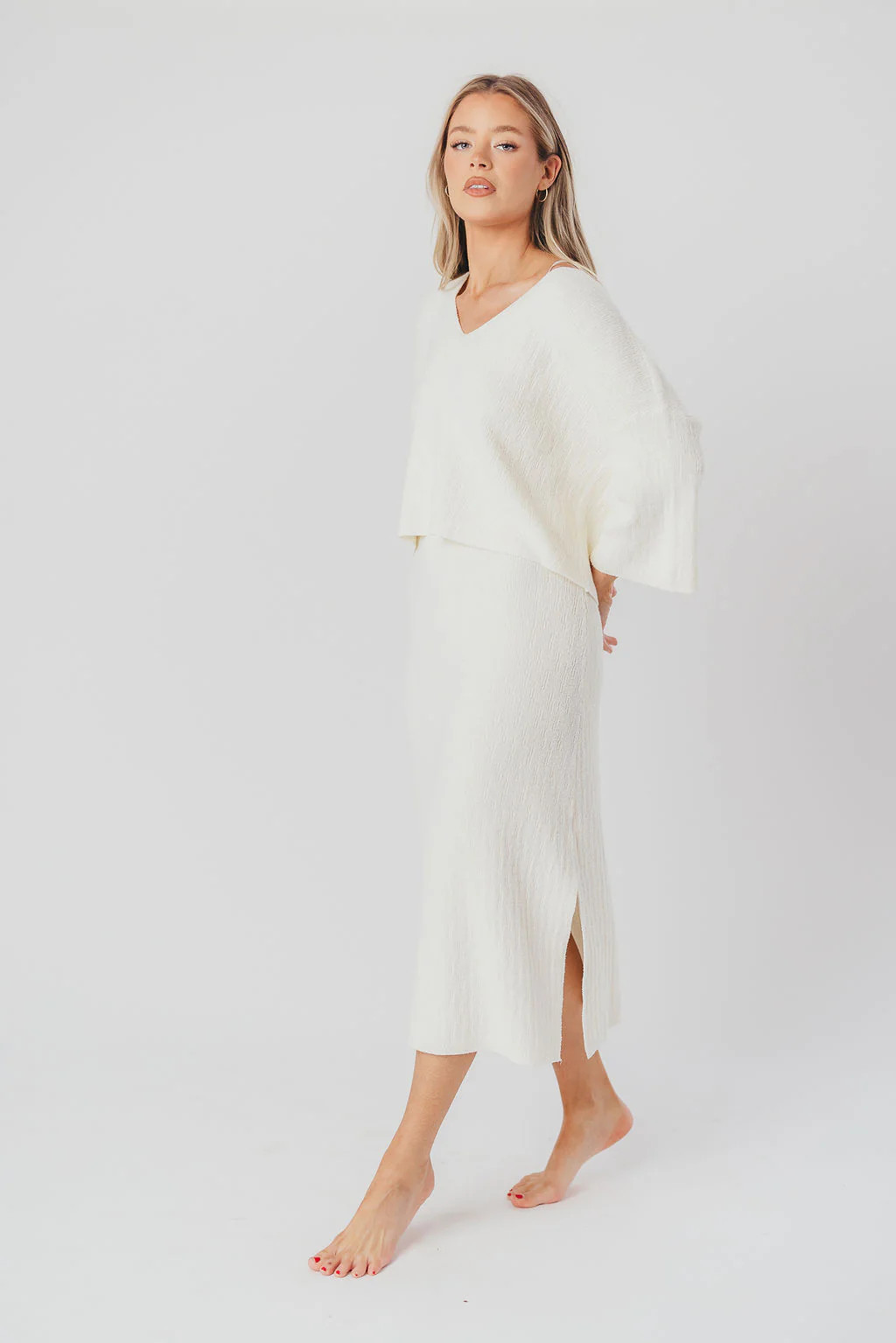 Marjorie V-Neck Sweater and Midi Skirt Set in Cream | Worth Collective