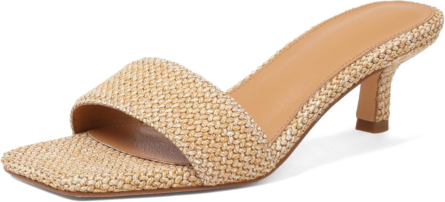Ancomafio Kitten Heel Sandals Raffia Low Heels 2 Inch Square Open Toe Sandals for Women Slip on S... | Amazon (US)