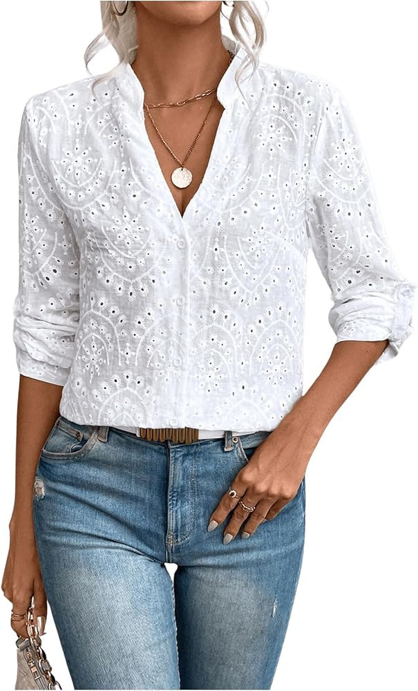 SweatyRocks Women's Notched V Neck Roll Up Sleeve Button Down Eyelet Blouses Tops | Amazon (US)