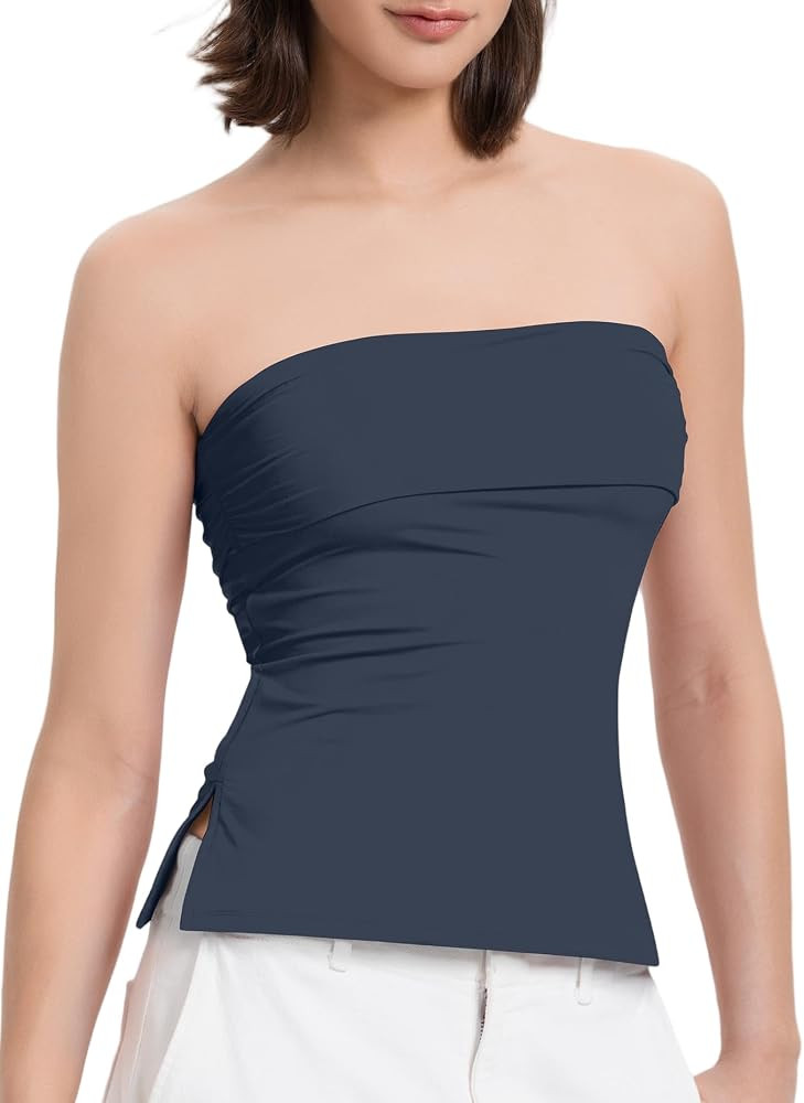 Women Tube Tops Sexy Double Line Going Out Trendy Strapless Side Split Tank Tops | Amazon (US)