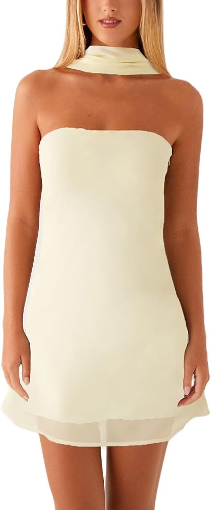 Strapless Scarf Mini Dress Y2K Sleeveless Sexy Short Mesh Bodycon Floral Tube Top Dresses Open Ba... | Amazon (US)