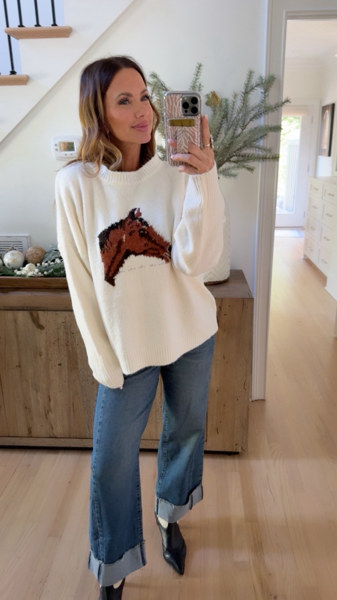 code betsy works for goldie lew sweater and jeans! i’m wearing a medium in both, but i’m 5’7”, with a long torso, and feel like the jeans look a little bit cropped at my height. 

#LTKSeasonal #LTKStyleTip #LTKSaleAlert