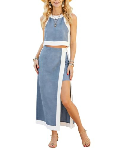 2 Piece Sets for Women Summer Sleeveless Skirt Sets Outfits Color Block Crewneck Skort Set with P... | Amazon (US)