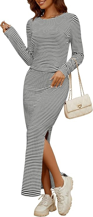 NENONA Women's Striped Two Piece Skirt Set Casual Crew Neck Long Sleeve Tops High Waist Slit Body... | Amazon (US)