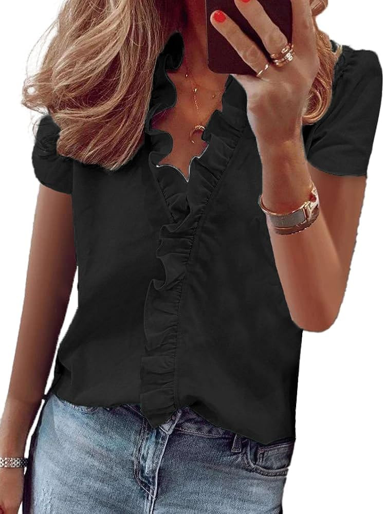 Women's Ruffled Tops Dressy Boho V Neck Blouses Lightweight Flowy Casual Pleated Tops 2025 Trendy... | Amazon (US)