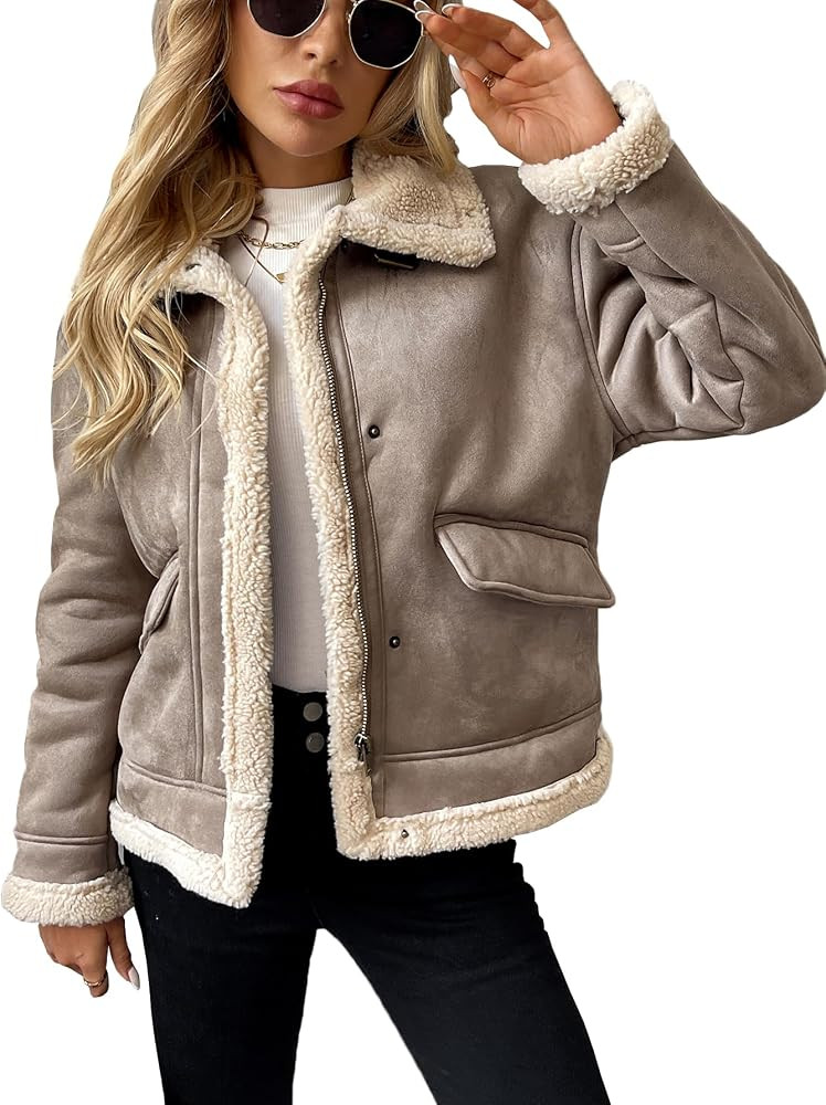 LY VAREY LIN Winter Women Faux Leather Jacket Patchwork Fur Coat Moto Biker Zipper Sherpa Shacket | Amazon (CA)