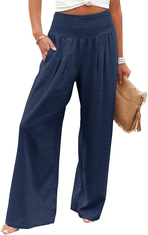 Angerella Womens Elastic High Waisted Palazzo Pants Casual Wide Leg Long Lounge Pant Trousers wit... | Amazon (US)