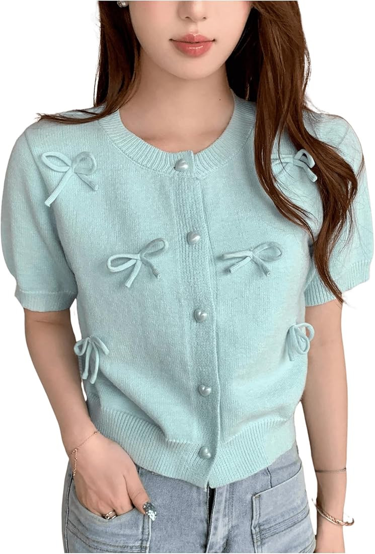 GORGLITTER Women's Bow Knot Short Sleeve Round Neck Button Up Cute Cardigan Sweater | Amazon (US)