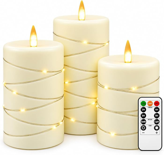 Flickering flameless Candles with String Lights, Battery-Powered, LED Pillar Candles, Candle Set ... | Amazon (US)