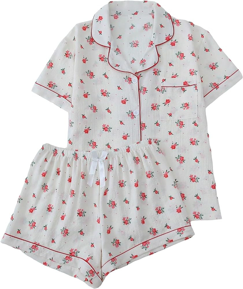 Verdusa Women's 2 Piece Printed Lounge Pjs Sets Sleepwear Button Up Shirt with Shorts | Amazon (US)