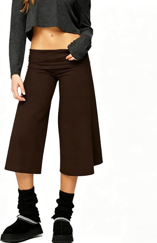 RUEWEY Women Fold Over Capri Pants Low Rise Wide Leg Yoga Capris Going Out Flowy Gaucho Pants Str... | Amazon (US)