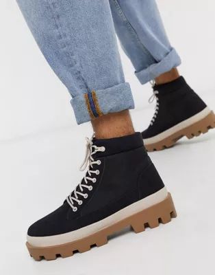 ASOS DESIGN lace up boot in black suedette on chunky sole | ASOS (Global)
