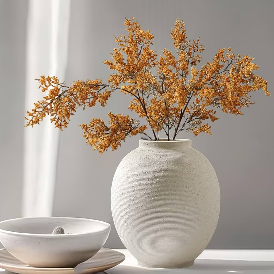 Large White Ceramic Vase, 9.8 inch Round Minimalist Textured Vase, Rustic Farmhouse Decor for Hom... | Amazon (US)