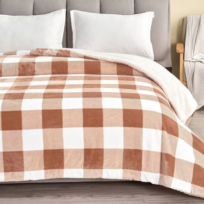 Full/Queen Cozy Buffalo Check Plush with Shearling Reverse Bed Blanket Terracotta Orange - Isla J... | Target