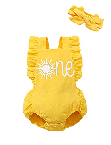 Shalofer Baby Girls One Year Old Outfits First Birthday Romper Cute Backless Ruffles Jumpsuit with Headband (Yellow-Sun,12-18 Months) | Amazon (US)