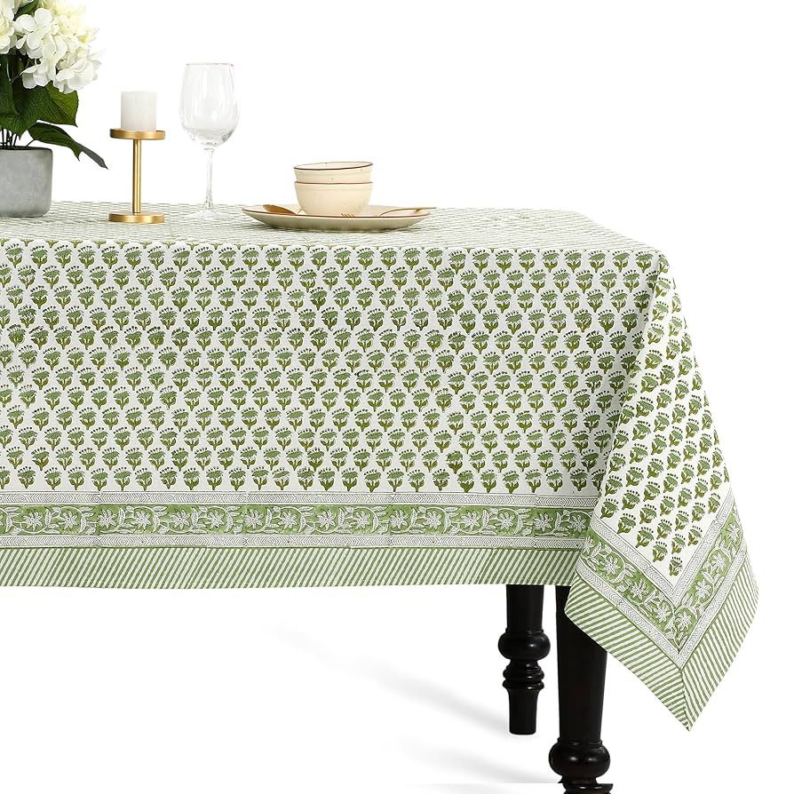 CPC Tablecloth 100% Cotton 70x108 Inch Indian Block Print Rectangle Table Cover, Green Table Clot... | Amazon (US)