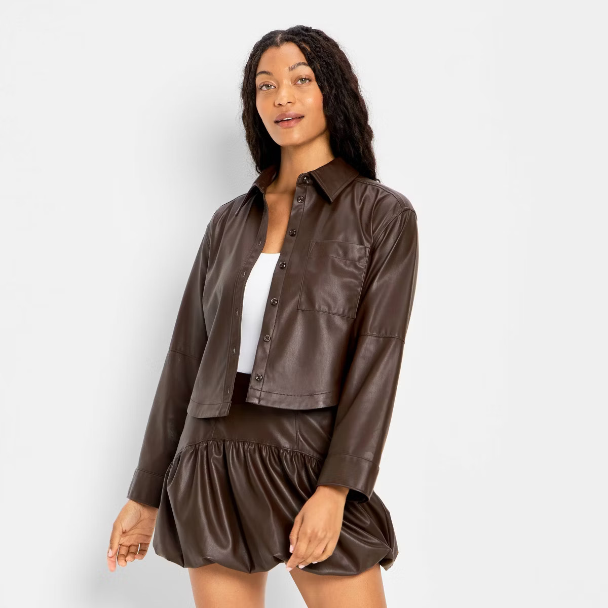 Women's Long Sleeve Leather Button-Down Shirt - Future Collective Brown | Target
